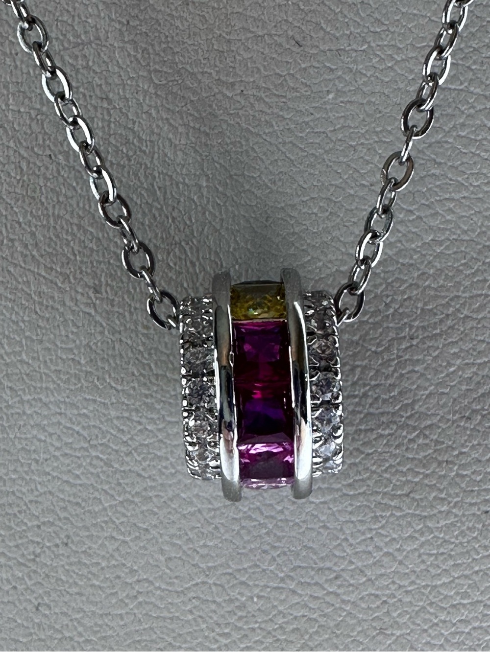 Multi-Color Ring Silver Pendant Necklace with Purple/Blue/Pink Cubic Zirconias - Picture 8 of 11